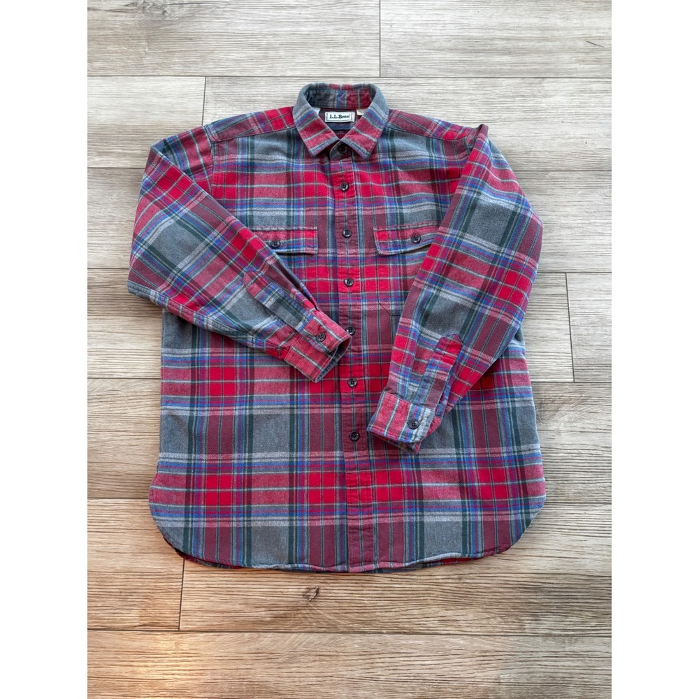 LL Bean Vintage Mens Flannel Shirt M Red Gray Plaid Cotton Button Long Sleeve